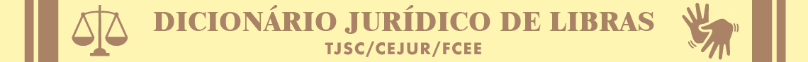Banner Dicionário Jurídico de Libras escrito em marrom com o fundo em amarelo e elementos gráficos da balança e das mãos símbolos da acessibilidade