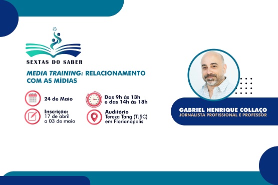 Banner com fundo branco que traz informações básicas do evento Media Training e, em seu lado direito, foto circular do rosto do palestrante Gabriel Collaço