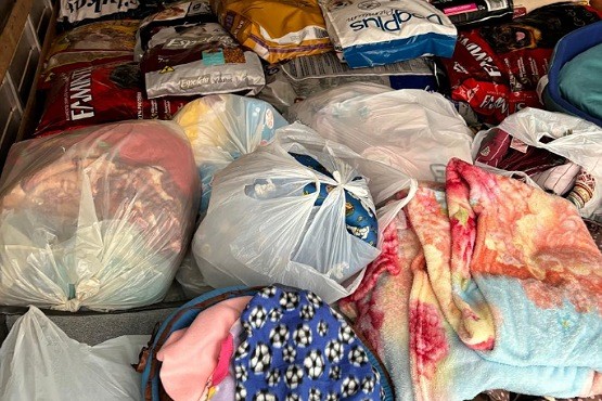 Foto das doações de cobertores, roupas e camas de cachorro separadas em sacolas plásticas brancas amarradas na ponta. No topo da imagem estão amontoados alguns sacos de ração.  
