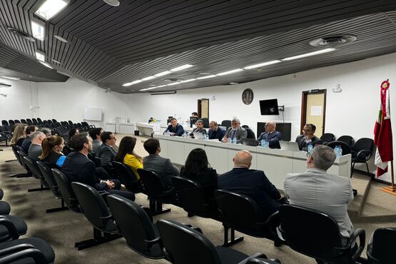 A imagem mostra uma sala com várias pessoas sentadas. Na frente, há uma mesa comprida com seis pessoas sentadas, aparentemente participando de uma discussão ou reunião formal. Atrás dessas pessoas, há uma parede com um relógio e uma televisão montada. À direita da imagem, há a bandeira de Santa Catarina no suporte. As cadeiras na sala são pretas e há várias fileiras, algumas ocupadas por pessoas e outras vazias. O teto tem um design moderno com iluminação embutida.