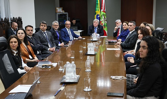 A imagem mostra uma reunião formal com várias pessoas sentadas ao redor de uma mesa de conferência retangular. Há 15 pessoas visíveis na foto, 7 de um lado da mesa e 8 do outro. A maioria está vestida com trajes formais, como ternos e blazers. No fundo da sala, há duas bandeiras: a do Brasil e outra de Santa Catarina. A mesa está equipada com garrafas de água, copos e alguns documentos. A expressão das pessoas é séria, indicando que se trata de uma reunião importante.