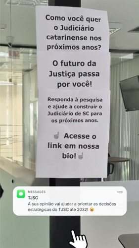 Imagem traz cartazes com frases que convidam para o usuário responder à pesquisa