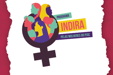 Imagem com o logo do programa Indira que traz o símbolo do gênero feminino com desenho de mulheres no centro do círculo e o texto "Programa Indira pelas Mulheres do PJSC"