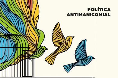 Banner ilustrativo com desenho de pássaros voando de uma gaiola e acesso à página de política antimanicomial do PJSC