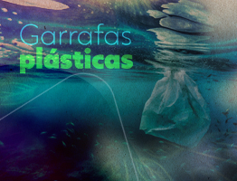 Garrafas Plásticas. Imagem de um saco plástico no fundo do mar.