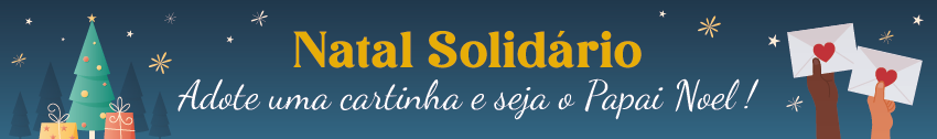 Natal Solidário. Adote uma cartinha e seja o Papai Noel! Pinheiro de Nata com dois presentes do lado esquerdo e duas mãos segurando cartas do lado direito.