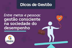 Banner Dicas de Gestão com fundo roxo e ilustração de uma pessoa em cima de uma gangorra