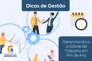 Dicas de Gestão - Banner com fundo azul claro e ilustrações de pessoas distribuídas em círculos em situação de trabalho, além da imagem de um bloco e um relógio.