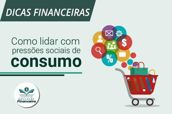 Banner com fundo verde claro, à direita uma ilustração de um carrinho de compras com sacolas dentro e ícones referentes a compras. À esquerda o título da dica e no canto superior esquerdo a cartola Dicas Financeiras