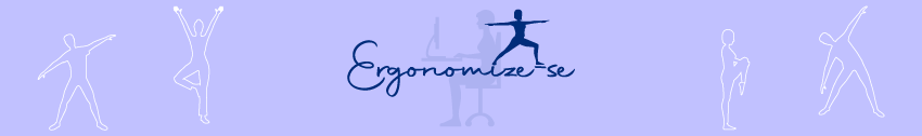 Banner com o nome "Ergonomize-se" com elementos gráficos de uma pessoa sentada em uma mesa de escritório em marca d'agua e desenhos em contorno de pessoas praticando alongamento