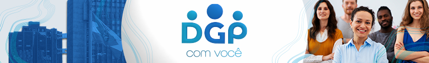 No canto esquerdo a imagem da sede do TJSC. No centro o texto DGP com você. No canto direito, a imagem de cinco pessoas, três mulheres na frente e dois homens atrás.