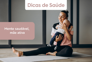 Banner com a imagem de uma mulher sentada em um tapete de exercícios com um bebê no colo