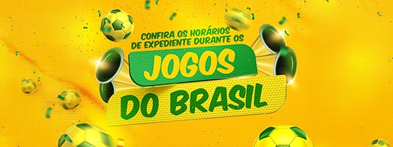 Banner com fundo amarelo, ilustração de bolas de futebol e no centro o título: Confira os horários de expediente durante os jogos do Brasil
