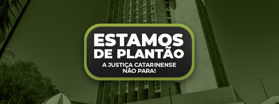 Banner com imagem do prédio do TJSC no fundo e no centro o texto Estamos de Plantão - A Justiça catarinense não para!