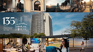 Banner com fotos utilizadas no vídeo. No centro, o prédio do TJSC
