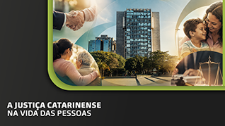 Banner com fundo cinza escuro com a imagem do prédio do tjsc do fundo e de pessoas no primeiro plano.
