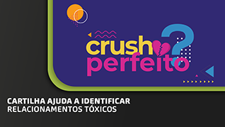 Banner com fundo cinza escuro. No canto superior direito box com fundo roxo e o título Crush perfeito?