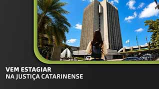 Banner com a foto do prédio da sede do TJSC e uma estudante de costas olhando para ele