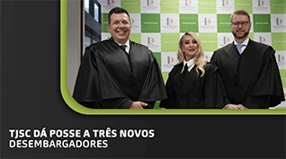 Banner com fundo cinza escuro, com a foto dos três novos desembargadores no canto direito e o título no centro