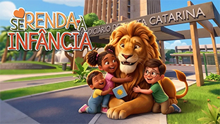 Banner com imagem do prédio do TJSC no fundo e uma ilustração de crianças e abraçando um leão