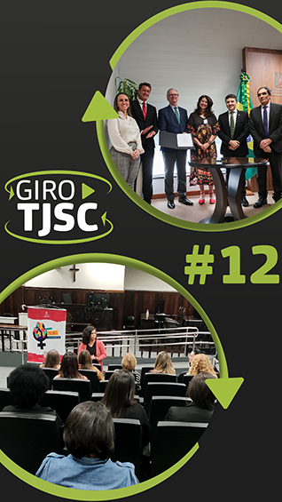 Banner com imagens das principais notícias e o logo do GIRO TJSC no centro
