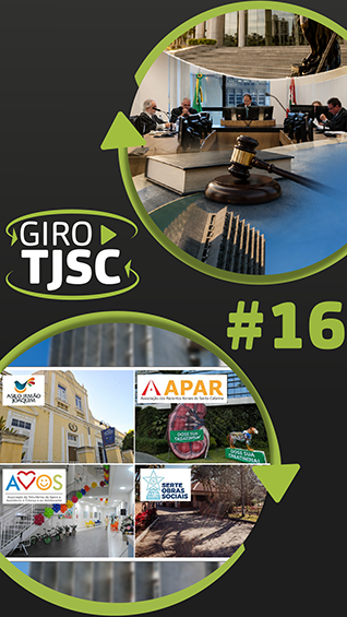 Banner com imagens das principais notícias e o logo do GIRO TJSC no centro