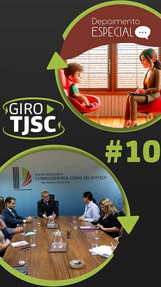Banner com imagens das principais notícias e o logo do GIRO TJSC no centro