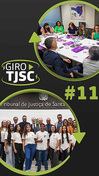 Banner com imagens das principais notícias e o logo do GIRO TJSC no centro