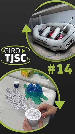 Banner com imagens das principais notícias e o logo do GIRO TJSC no centro