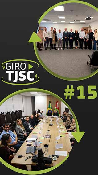 Banner com imagens das principais notícias e o logo do GIRO TJSC no centro