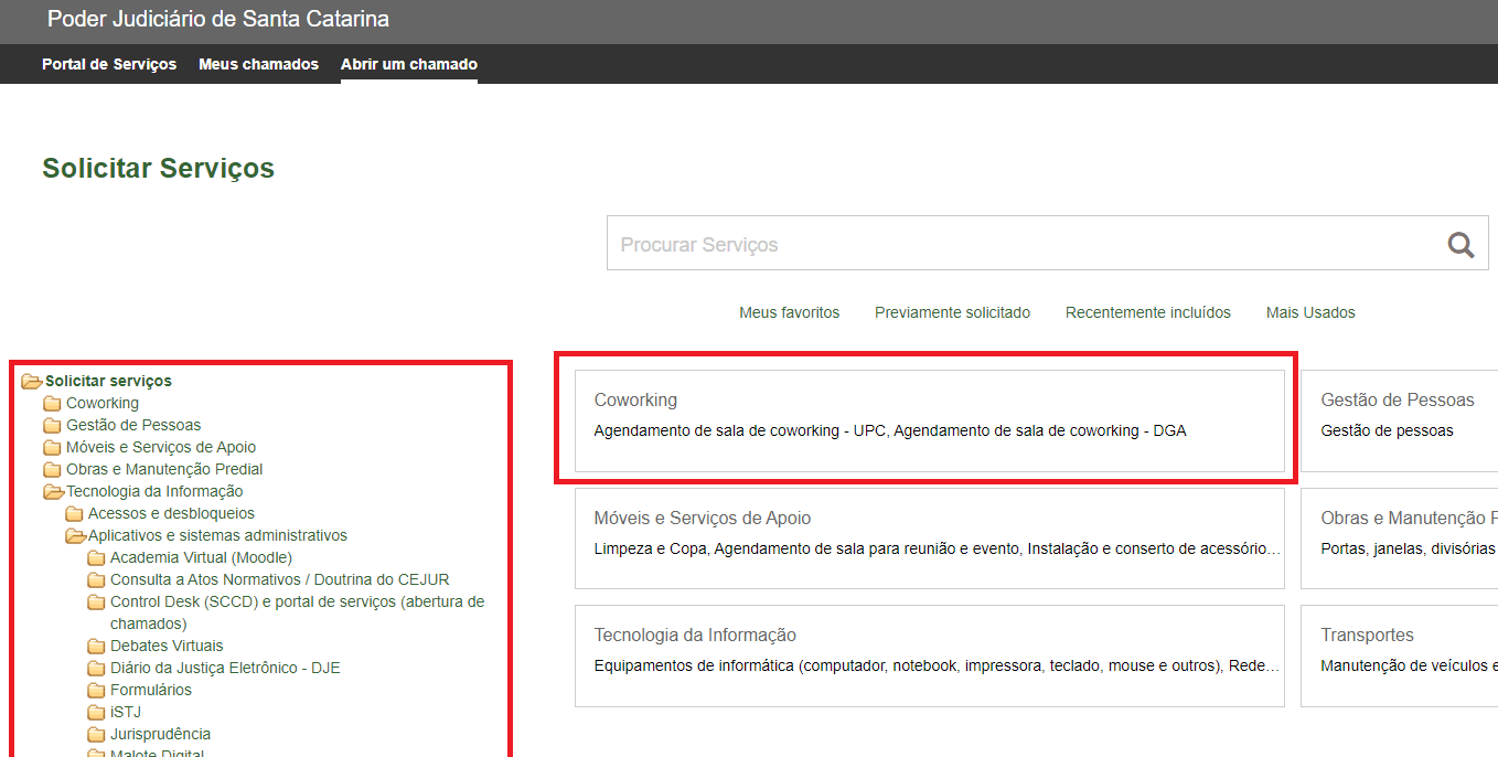 Destaque para navegação no portal de serviços por árvore ou pastas