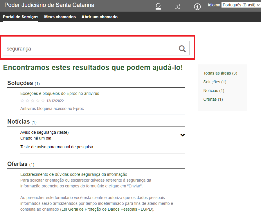 Imagem da tela do portal de serviços trazendo soluções, notícias e ofertas para a pesquisa do termo segurança.