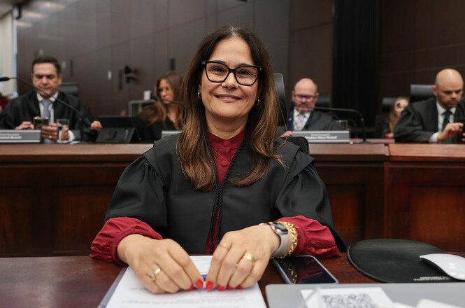 Desembargadora Rosane Portela Wolff posa em sessão no TJSC, sorriso leve e atuação judicial em destaque