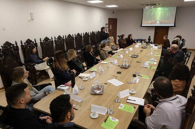 Foto horizontal: reunião institucional com participantes ao redor de mesa, apresentação projetada ao fundo, equipe acompanha exposição, ambiente formal, clima de diálogo e aprendizagem.