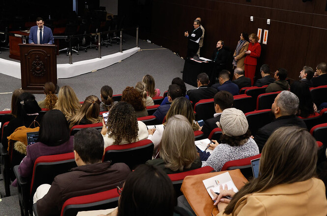 Foto horizontal: participantes acompanham palestra em auditório da Academia Judicial, enquanto expositor conduz apresentação voltada à capacitação de magistrados, servidores e profissionais do sistema de Justiça.