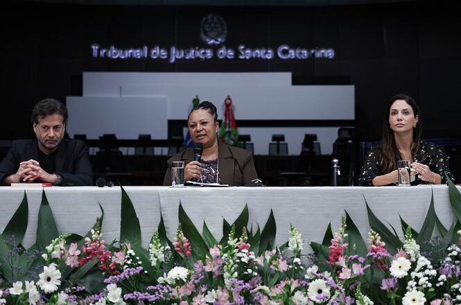 Foto horizontal: Integrantes de painel debatem os avanços e desafios da Lei Maria da Penha durante seminário realizado no TJSC.
