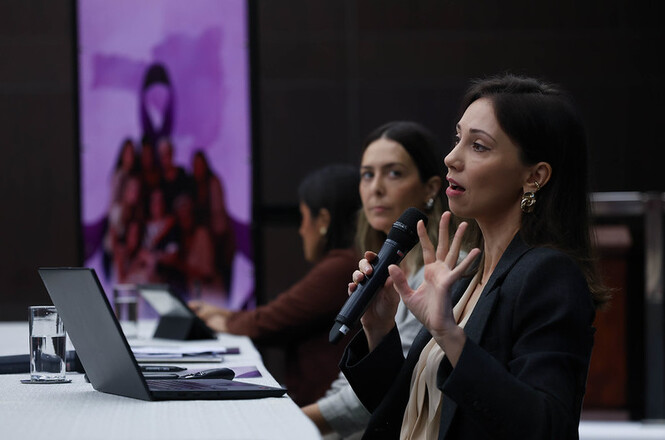 Foto horizontal: Palestrante apresenta reflexões sobre os desafios e avanços da Lei Maria da Penha durante seminário no TJSC.