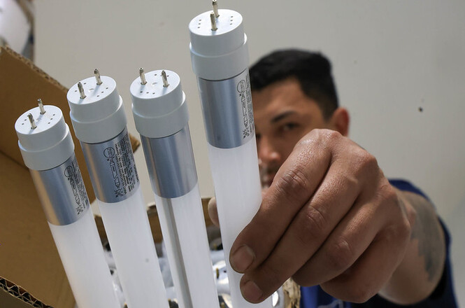 Horizontal: Trabalhador separa tubos de iluminação para reciclagem em área de triagem de resíduos. Em primeiro plano, lâmpadas organizadas em caixa de papelão destacam a atividade de reaproveitamento de materiais, enquanto o ambiente interno é utilizado para coleta, armazenamento e destinação sustentável de componentes elétricos.