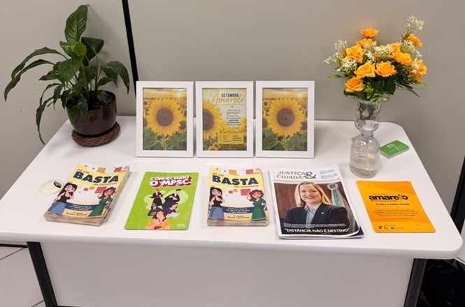 Foto horizontal: mesa decorada com flores, girassóis, cartilhas e materiais informativos da campanha Setembro Amarelo.