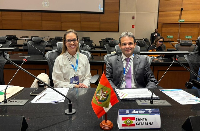Foto horizontal: Raphael Mendes Barbosa e a assistente social Lisiane Pahl posam em evento institucional, mesa identificada como Santa Catarina, clima de cooperação e atuação na área de adoção.