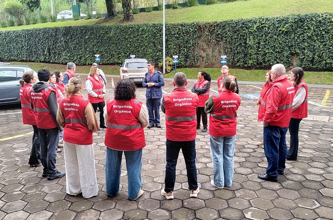 Foto horizontal: brigadistas orgânicos participam de orientação prática ao ar livre, reunidos em círculo durante treinamento de prevenção e combate a incêndios.