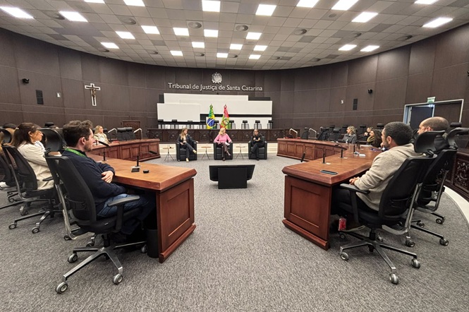 Foto horizontal: participantes acompanham roda de conversa realizada no plenário do Tribunal de Justiça de Santa Catarina.