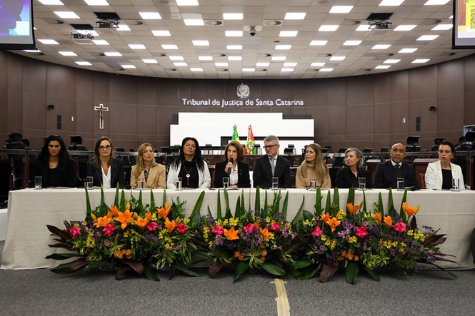 Foto horizontal: mesa de autoridades participa de painel no plenário do Tribunal de Justiça de Santa Catarina, destaque para o Programa Indira, clima de debate, conscientização e fortalecimento de políticas públicas.