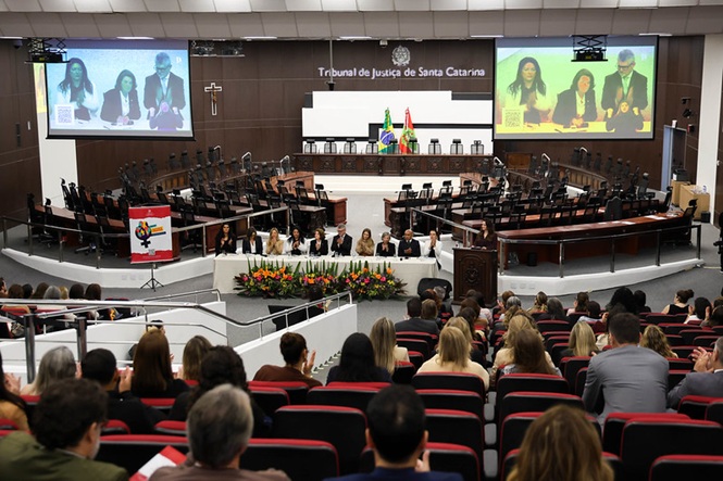 Foto horizontal: plenário do Tribunal de Justiça de Santa Catarina recebe público em evento do Programa Indira, mesa de autoridades em destaque e transmissão em telões, clima de debate e conscientização