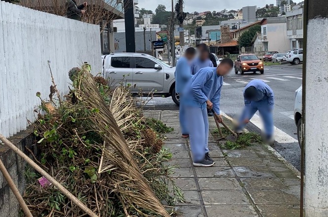 Imagem horizontal mostra pessoas uniformizadas recolhendo galhos e resíduos de jardinagem em calçada.