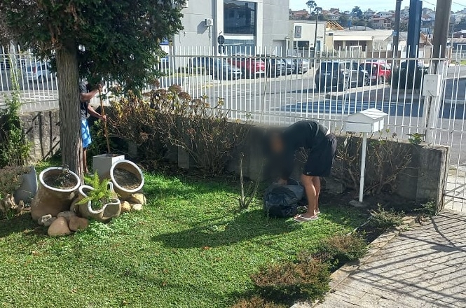 Imagem horizontal mostra pessoas realizando jardinagem e recolhendo resíduos em área externa cercada.