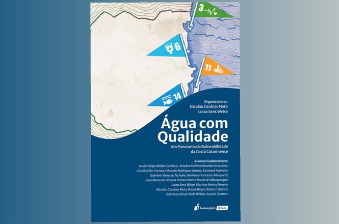Imagem vertical: capa do livro “Água com Qualidade”, com elementos gráficos de mapa e indicadores, temática voltada à balneabilidade e saneamento, clima de pesquisa e conscientização ambiental.