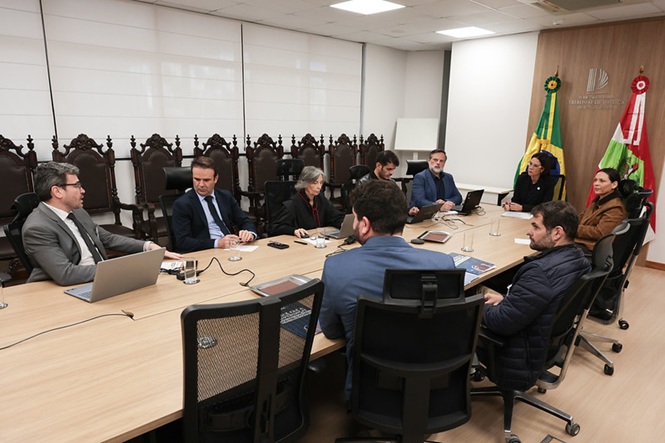 Foto horizontal: integrantes do Comitê de Gestão de Pessoas do TJSC participam de reunião institucional em torno da mesa de deliberações, durante discussão de pautas administrativas.