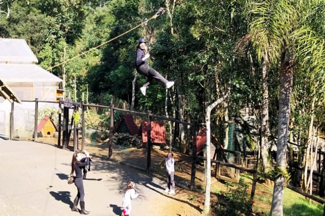 Foto horizontal: pessoa pratica tirolesa em área arborizada, enquanto outras acompanham a atividade no chão.