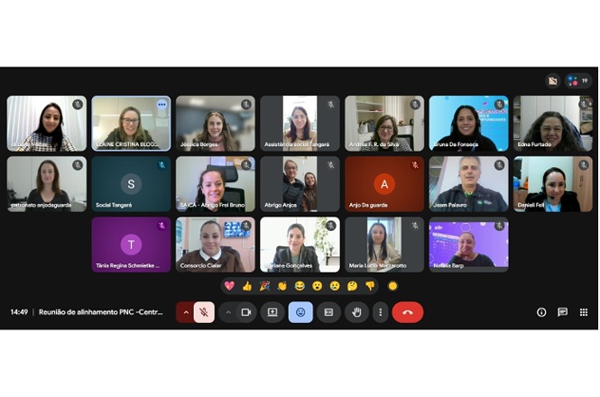 Foto horizontal: tela de reunião virtual com participantes em mosaico durante encontro do PNC Centro-Oeste, interface de videoconferência, ambiente digital, clima de alinhamento e colaboração.
